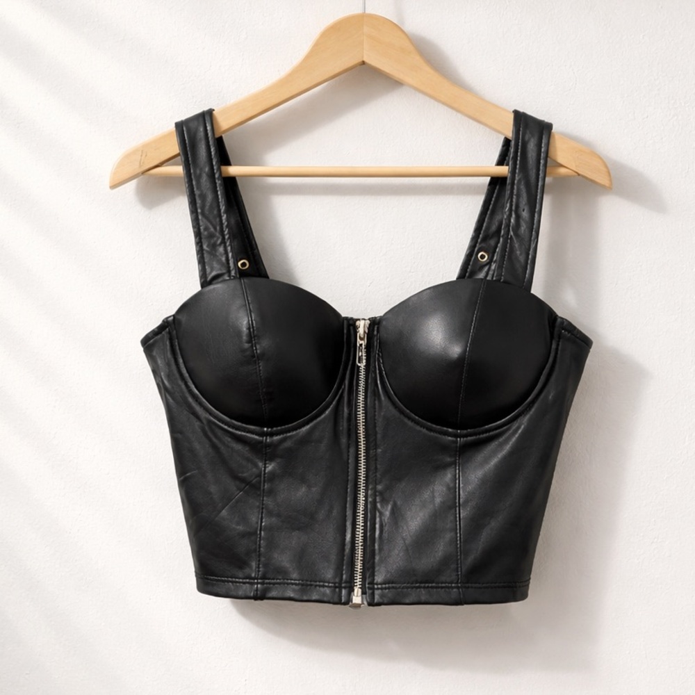 Story On Black Faux Leather Corset Top Zip Detail Steam Punk iEdgy Chic Fest Top